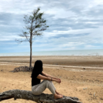 Girl sitting overlooking the beach with a tree in background