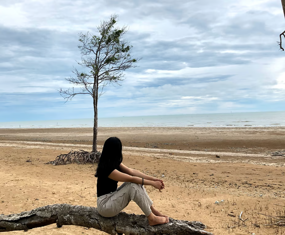 Girl sitting overlooking the beach with a tree in background